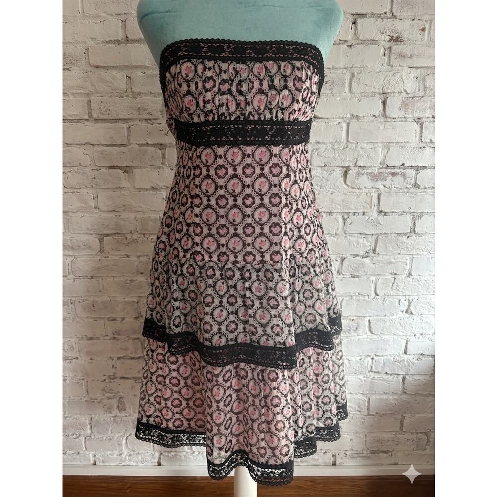 Nanette Lepore Silk Coquette Floral Lace Trim Strapless Tiered Babydoll Dress 6